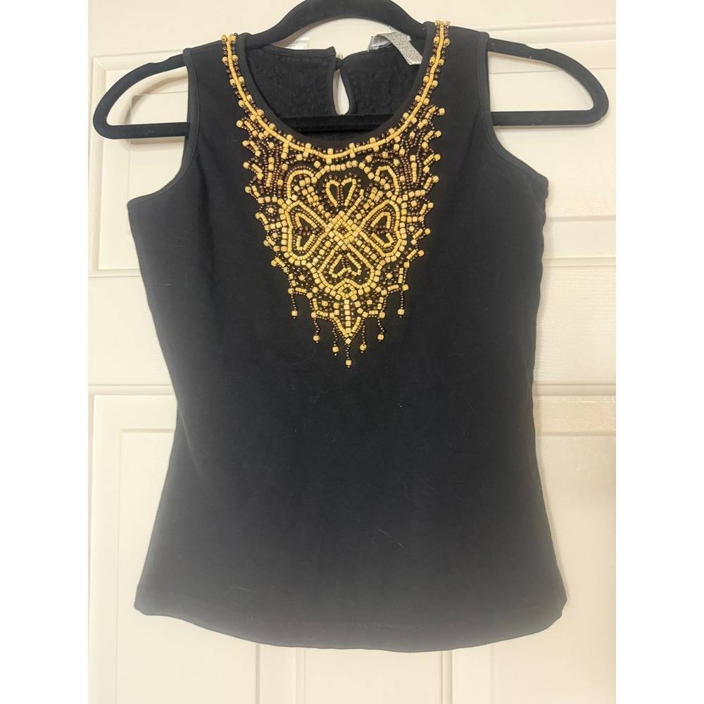 Cache Womens Black Cotton Beaded Bib Tank Top Sleeveless Boho Keyhole Medium